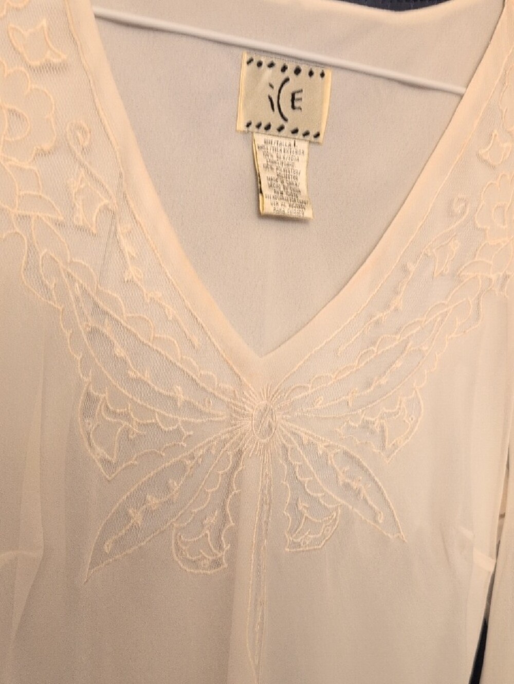 NWOT Silk Ice White V-Neck Long Sleeve Embroidered Blouse L - Picture 4 of 10